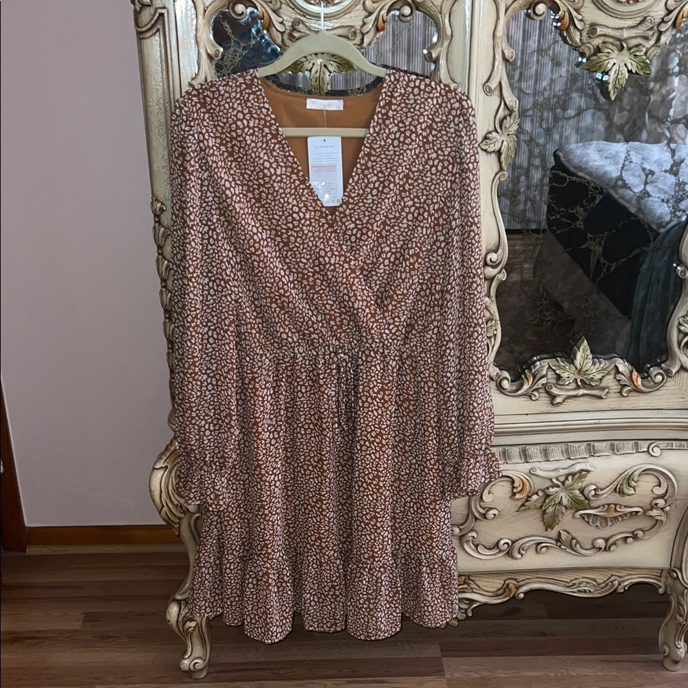 Elegant Long Sleeve Brown Patterned Dress